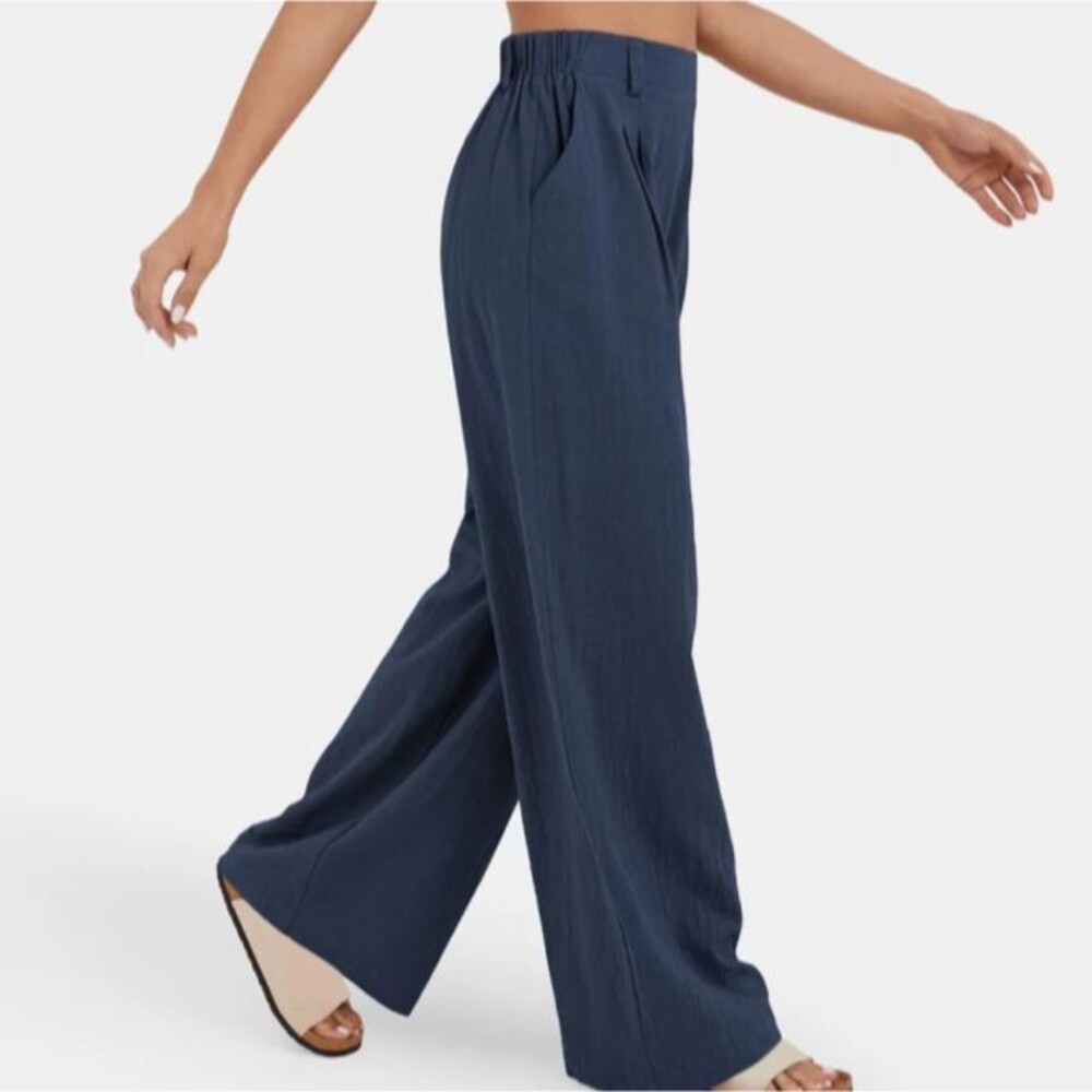 Halara Navy Woven Cotton Lightweight Flowy Wide Leg Pull On Pants Size Small